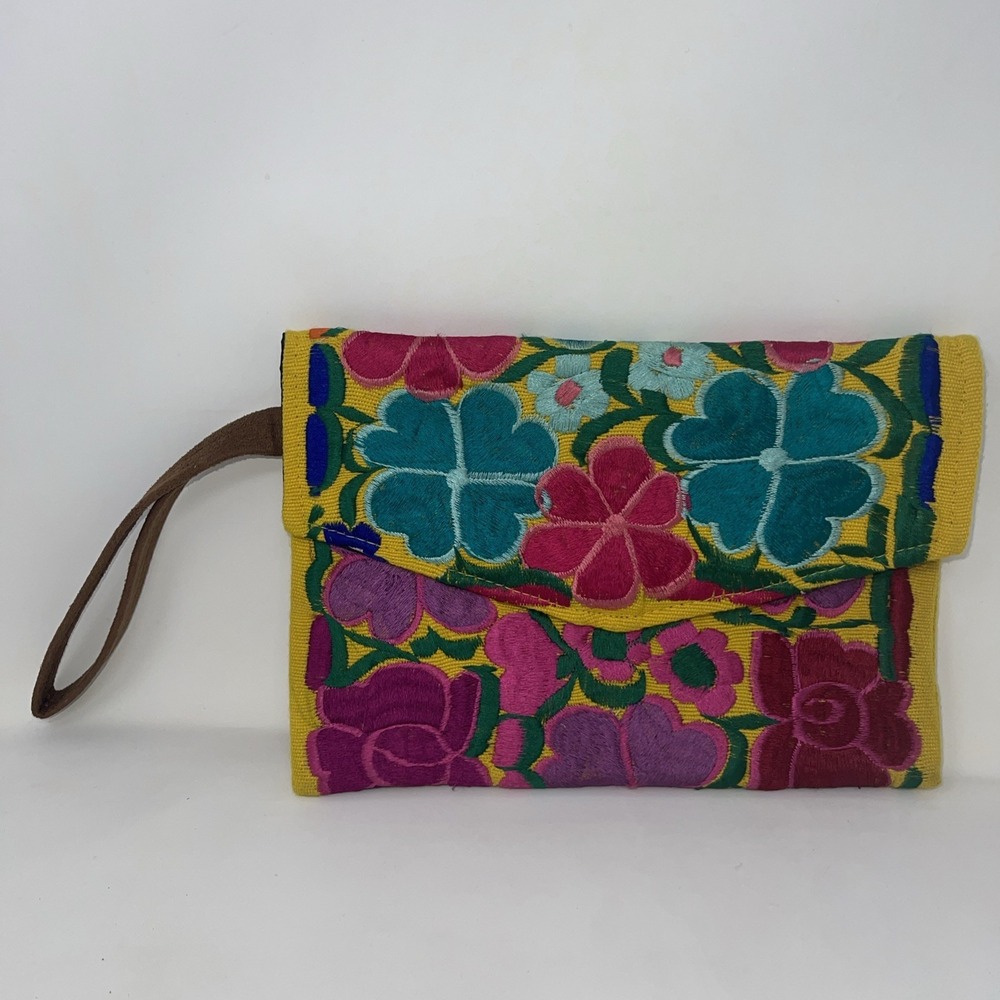 Mexican Guatemalan Embroidered Vibrant Floral Colorful Clutch Suede Wristlet